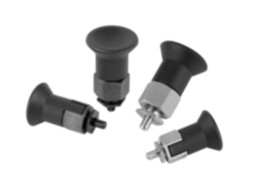 Indexing plungers, steel or stainless steel for thin-walled parts, with plastic mushroom grip Indexing plungers, steel or stainless steel for thin-walled parts, with plastic mushroom grip