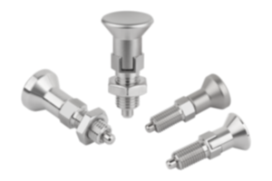 Indexing plungers, stainless steel with stainless steel mushroom grip Indexing plungers, stainless steel with stainless steel mushroom grip