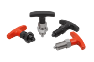 Indexing plungers, steel or stainless steel with plastic T-grip Indexing plungers, steel or stainless steel with plastic T-grip