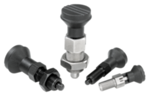 Indexing plungers, steel or stainless steel with plastic mushroom grip and cap Indexing plungers, steel or stainless steel with plastic mushroom grip and cap