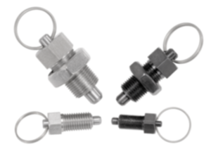 Indexing plungers, steel or stainless steel with stainless steel pull ring Indexing plungers, steel or stainless steel with stainless steel pull ring