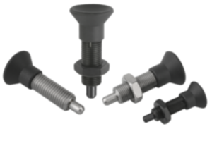 Indexing plungers, steel or stainless steel, without collar, with plastic mushroom grip and extended indexing pin - inch Indexing plungers, steel or stainless steel, without collar, with plastic mushroom grip and extended indexing pin - inch