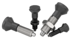 Indexing plungers, steel or stainless steel without collar, with plastic mushroom grip and cap Indexing plungers, steel or stainless steel without collar, with plastic mushroom grip and cap