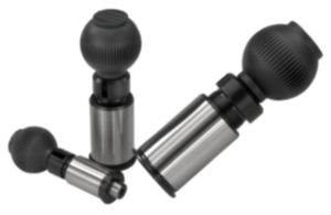 Precision indexing plungers, steel with plastic spherical knob and tapered indexing pin Precision indexing plungers, steel with plastic spherical knob and tapered indexing pin