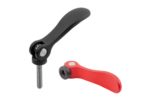 Cam levers, aluminum with internal or external thread, plastic thrust washer and steel or stainless steel stud Cam levers, aluminum with internal or external thread, plastic thrust washer and steel or stainless steel stud