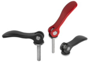 Cam levers, aluminum, with internal and external thread, plastic/metal thrust washer and steel or stainless steel stud Cam levers, aluminum, with internal and external thread, plastic/metal thrust washer and steel or stainless steel stud