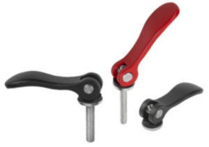 Cam levers, aluminum with internal or external thread, plastic thrust washer and steel or stainless steel stud