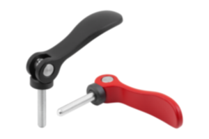 Cam levers, aluminum, adjustable with external thread, plastic thrust washer and steel or stainless steel stud Cam levers, aluminum, adjustable with external thread, plastic thrust washer and steel or stainless steel stud