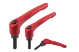 Adjustable handles, steel, with external thread, ruby red, threaded insert, black oxidized steel Adjustable handles, steel, with external thread, ruby red, threaded insert, black oxidized steel