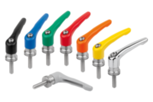 Adjustable handles, die-cast zinc with external thread and clamping force intensifier, threaded insert stainless steel