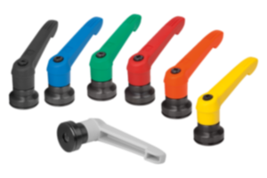 Adjustable handles, plastic with internal thread and clamping force intensifier, threaded insert black oxidized steel