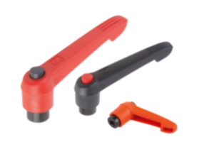 Adjustable handles, plastic with internal thread and push button, threaded insert black oxidized steel