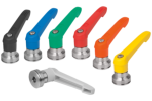 Adjustable handles, plastic with internal thread and clamping force intensifier, threaded insert stainless steel