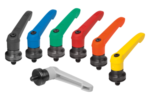 Adjustable handles, plastic with external thread and clamping force intensifier, threaded insert black oxidized steel