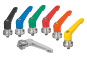Adjustable handles, plastic with external thread and clamping force intensifier, threaded insert stainless steel