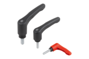 Adjustable handles, plastic, with external thread and safety function, threaded pin blue passivated steel