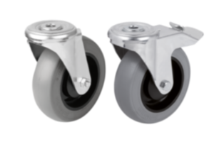 Steel plate swivel casters, with soft rubber tyres and bolt hole Steel plate swivel casters, with soft rubber tyres and bolt hole