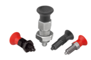 Indexing plungers, steel or stainless steel with plastic mushroom grip Indexing plungers, steel or stainless steel with plastic mushroom grip