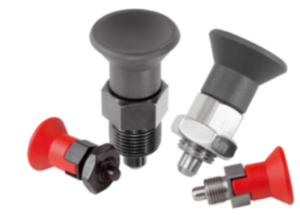 Indexing plungers, steel or stainless steel, short version with plastic mushroom grip Indexing plungers, steel or stainless steel, short version with plastic mushroom grip