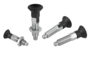 Indexing plungers ECO, steel or stainless steel, with plastic mushroom grip Indexing plungers ECO, steel or stainless steel, with plastic mushroom grip